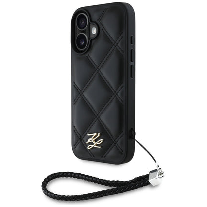 Futrola za Apple iPhone 16, Karl Lagerfeld, Quilted Initial Logo & Chain Strap, Crna