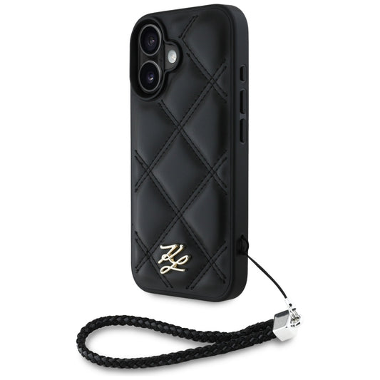 Futrola za Apple iPhone 16, Karl Lagerfeld, Quilted Initial Logo & Chain Strap, Crna