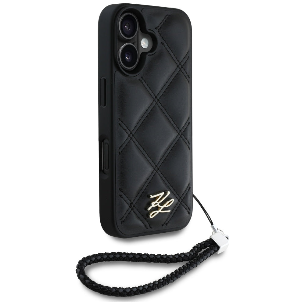 Futrola za Apple iPhone 16, Karl Lagerfeld, Quilted Initial Logo & Chain Strap, Crna
