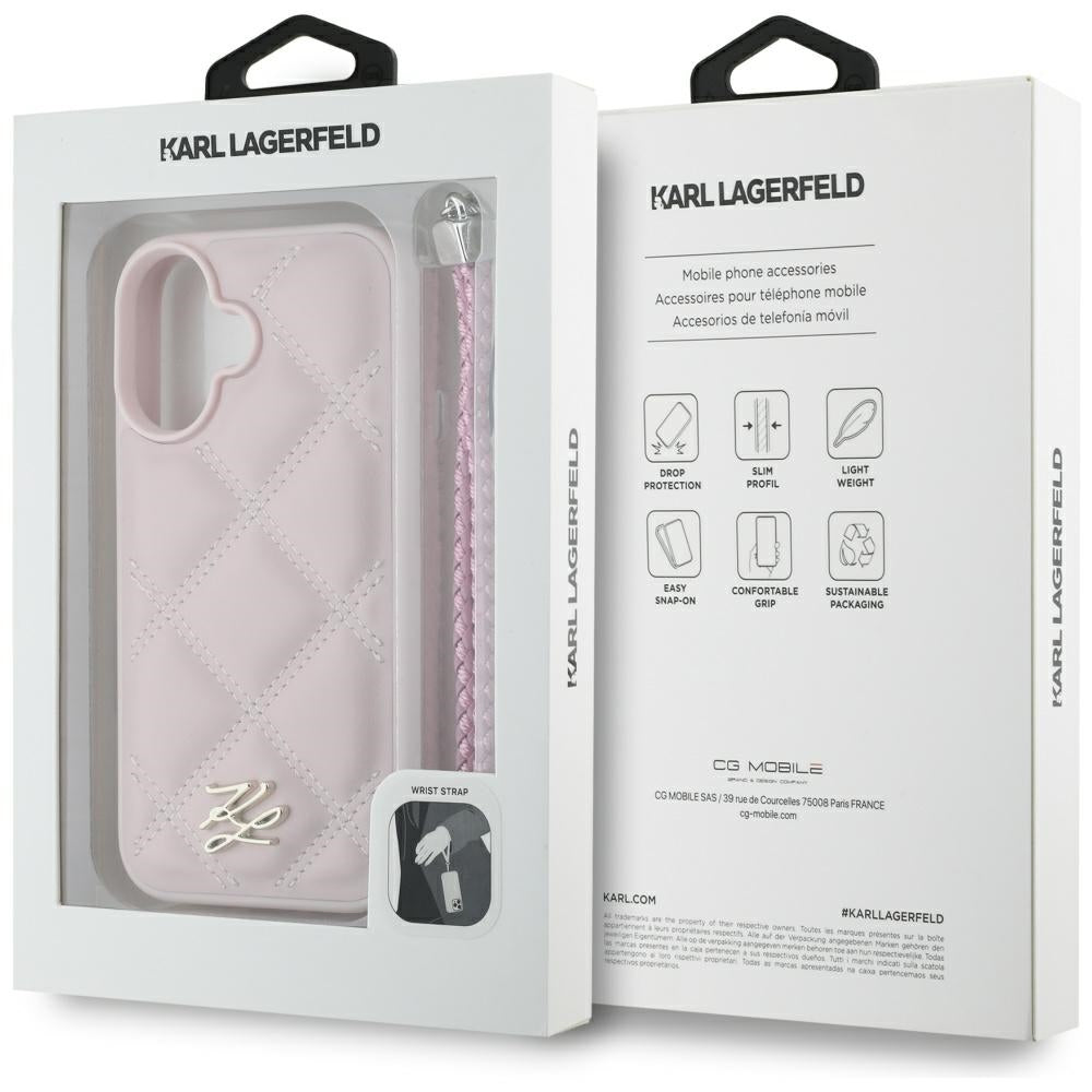 Futrola za Apple iPhone 16, Karl Lagerfeld, Quilted Initial Logo & Chain Strap, Roze