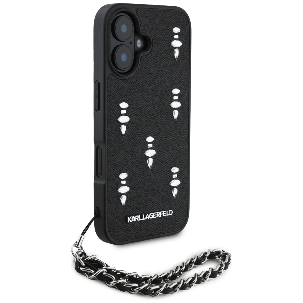 Futrola za Apple iPhone 16, Karl Lagerfeld, Saffiano Crystals & Charm, Crna