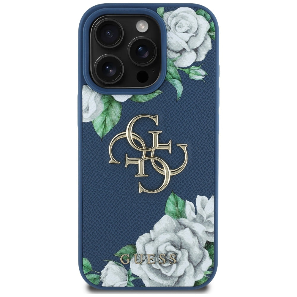 Futrola za Apple iPhone 16 Pro, Guess, 4G Grained Roses Big Logo, Plava