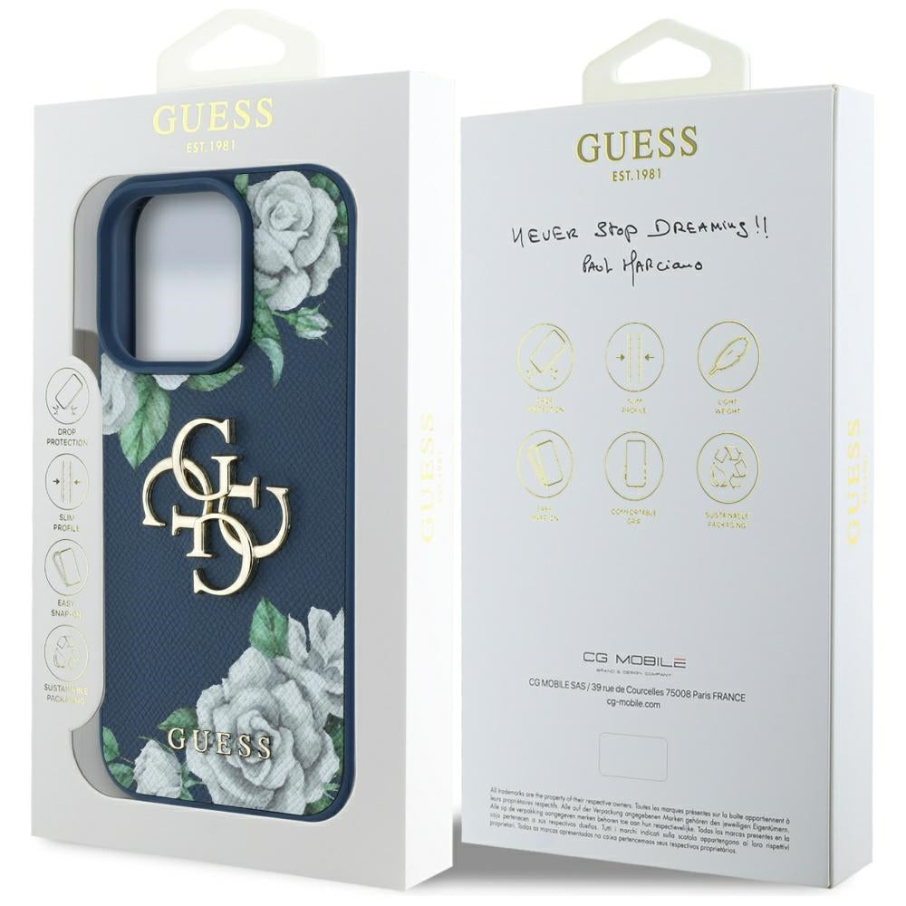 Futrola za Apple iPhone 16 Pro, Guess, 4G Grained Roses Big Logo, Plava
