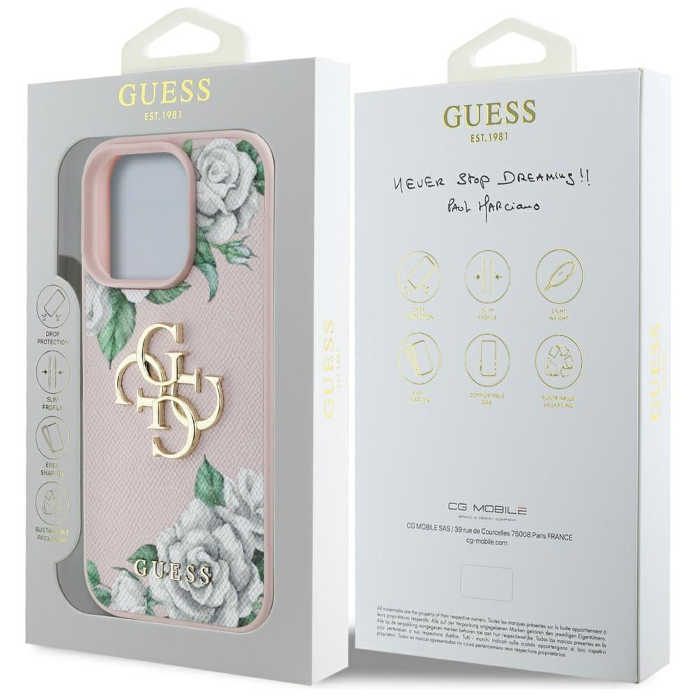 Futrola za Apple iPhone 16 Pro, Guess, 4G Grained Roses Big Logo, Roze