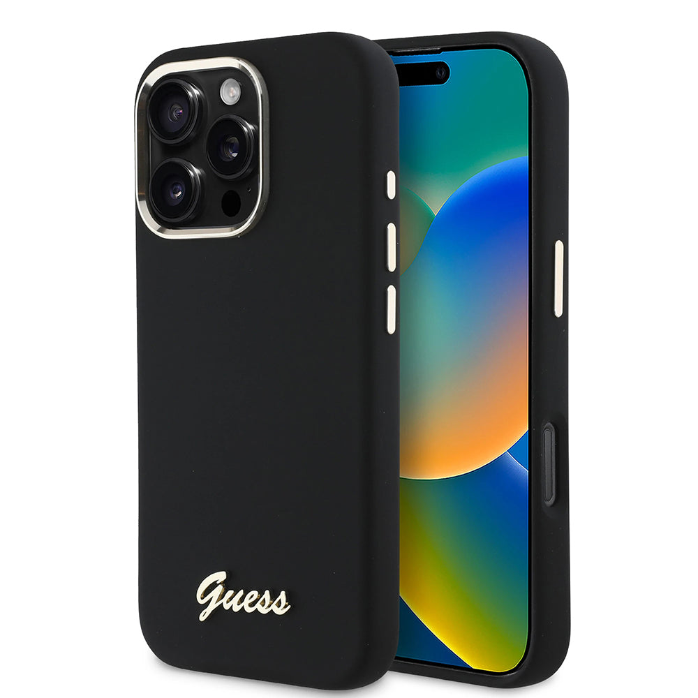 Futrola za Apple iPhone 16 Pro, Guess, Script Metal Logo & Frame, Crna
