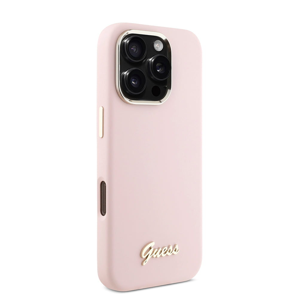 Futrola za Apple iPhone 16 Pro, Guess, Script Metal Logo & Frame, Roze