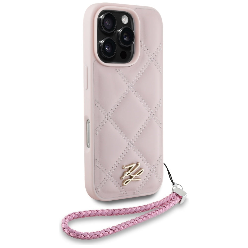 Futrola za Apple iPhone 16 Pro, Karl Lagerfeld, Quilted Initial Logo & Chain Strap, Roze