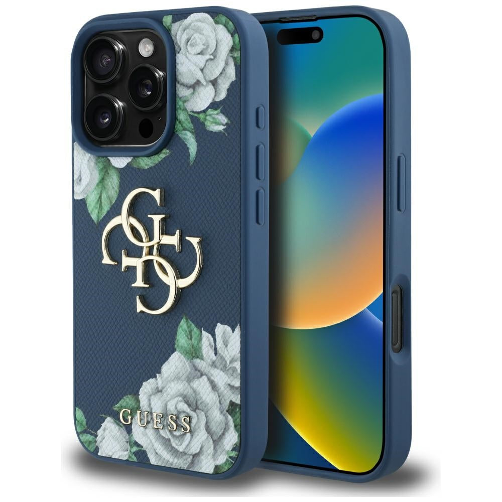 Futrola za Apple iPhone 16 Pro Max, Guess, 4G Grained Roses Big Logo, Plava
