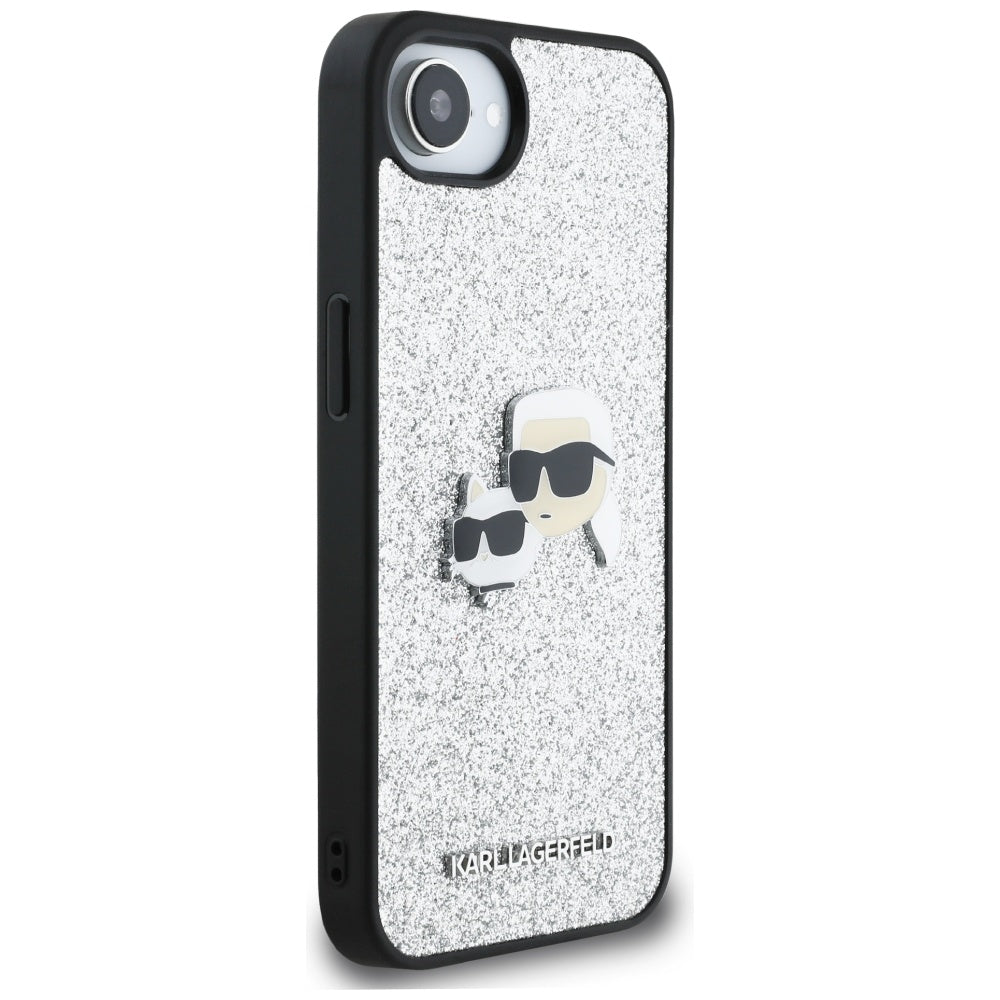 Futrola za Apple iPhone 16e, Karl Lagerfeld, Glitter Fixed Karl & Choupette's Heads, Srebrna