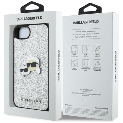 Futrola za Apple iPhone 16e, Karl Lagerfeld, Glitter Fixed Karl & Choupette's Heads, Srebrna