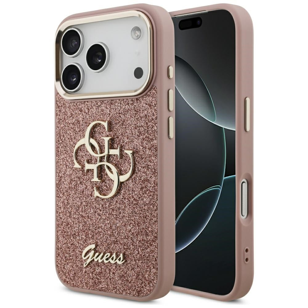 Futrola za Apple iPhone 17 Pro, Guess, Fixed Glitter Big 4G Metal Frame, Roze