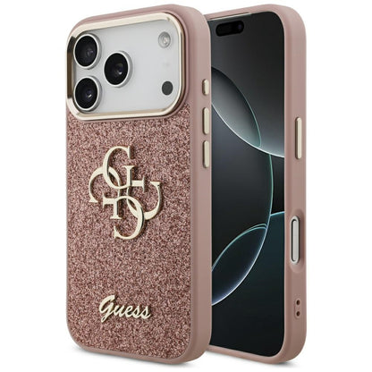 Futrola za Apple iPhone 17 Pro, Guess, Fixed Glitter Big 4G Metal Frame, Roze