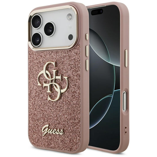 Futrola za Apple iPhone 17 Pro, Guess, Fixed Glitter Big 4G Metal Frame, Roze