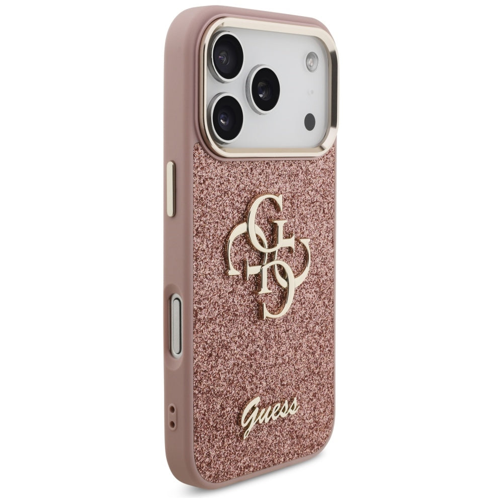 Futrola za Apple iPhone 17 Pro, Guess, Fixed Glitter Big 4G Metal Frame, Roze