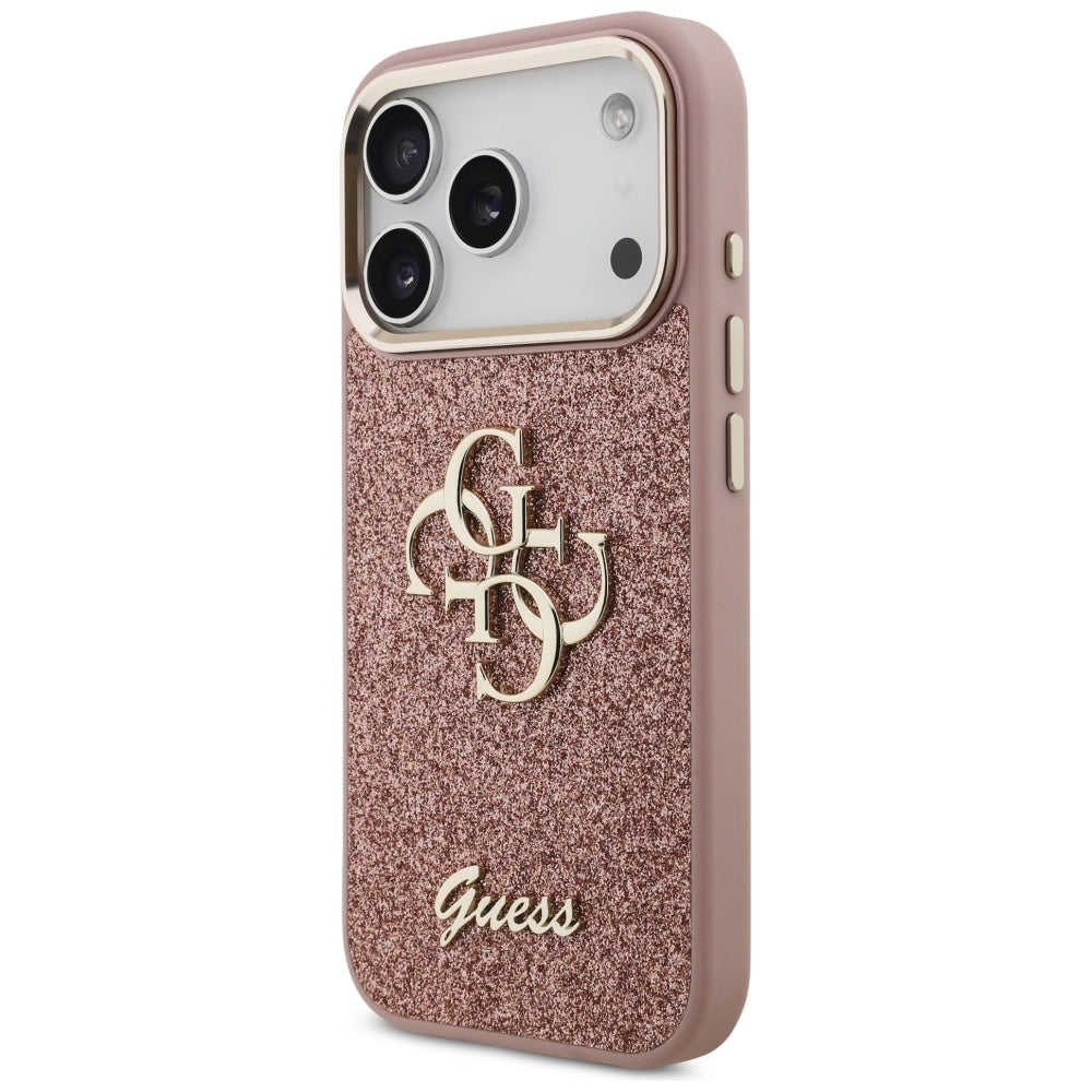 Futrola za Apple iPhone 17 Pro, Guess, Fixed Glitter Big 4G Metal Frame, Roze
