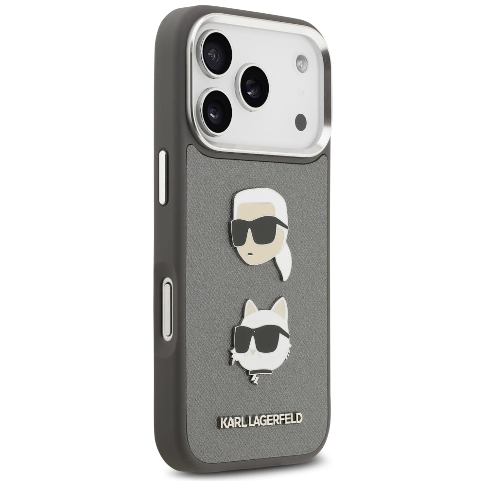 Futrola za Apple iPhone 17 Pro, Karl Lagerfeld, Grained Karl & Choupette's Heads Pins and Logo, Siva