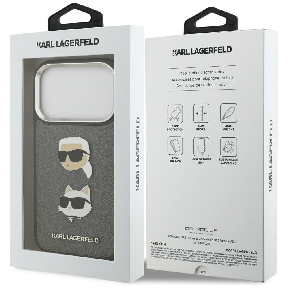 Futrola za Apple iPhone 17 Pro, Karl Lagerfeld, Grained Karl & Choupette's Heads Pins and Logo, Siva
