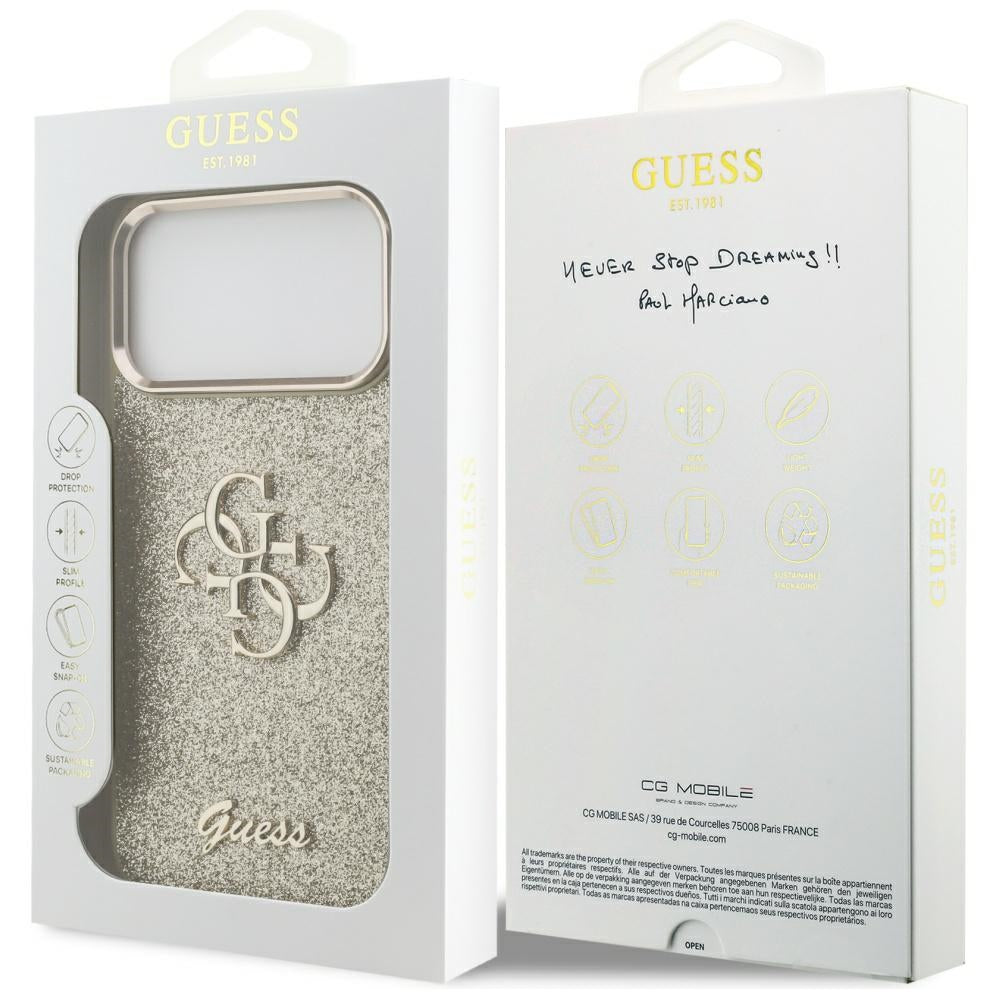 Futrola za Apple iPhone 17 Pro Max, Guess, Fixed Glitter Big 4G Metal Frame, Zlatna