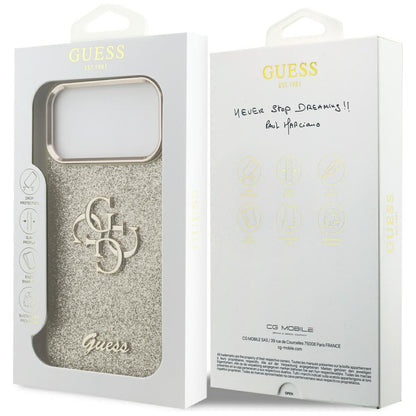 Futrola za Apple iPhone 17 Pro Max, Guess, Fixed Glitter Big 4G Metal Frame, Zlatna