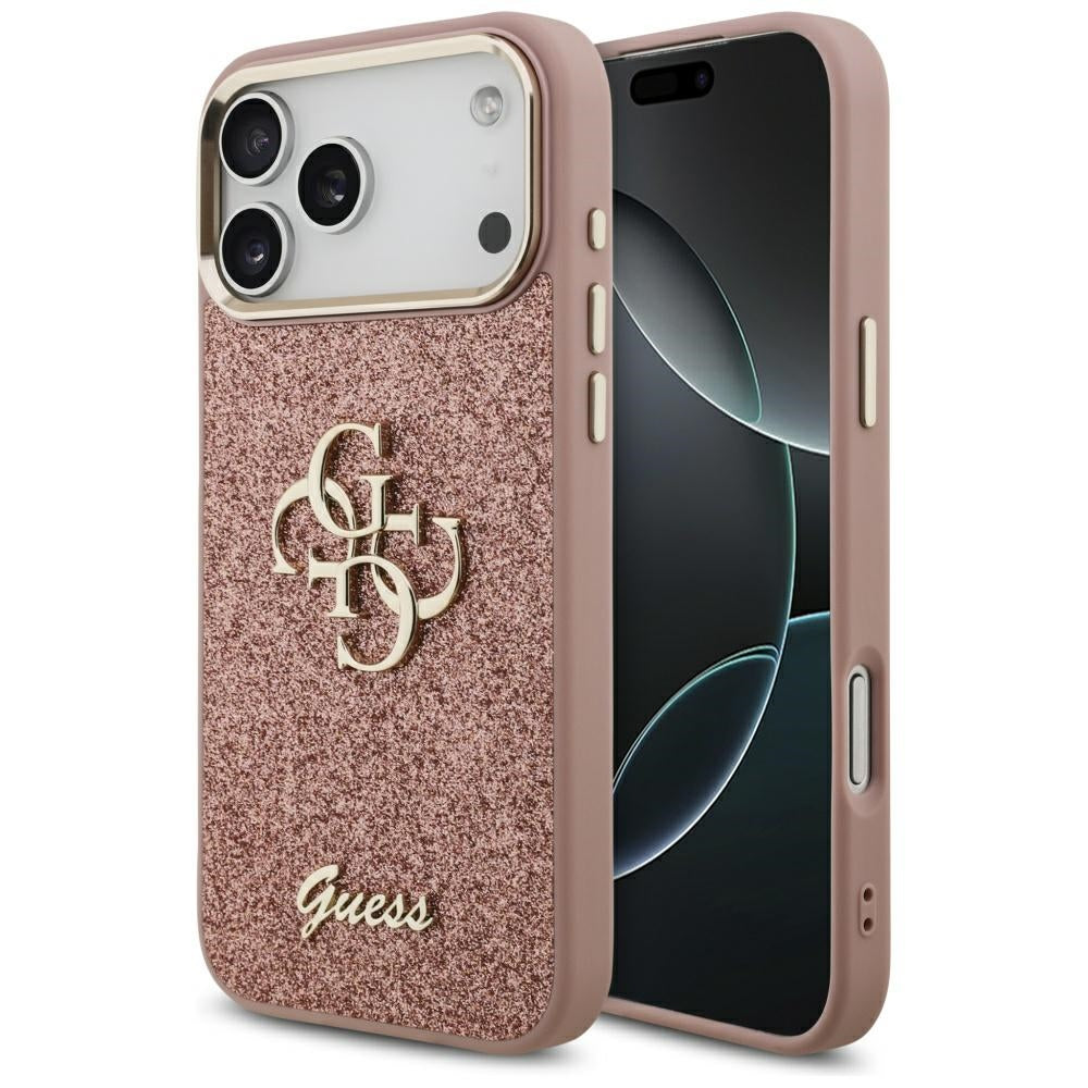 Futrola za Apple iPhone 17 Pro Max, Guess, Fixed Glitter Big 4G Metal Frame, Roze