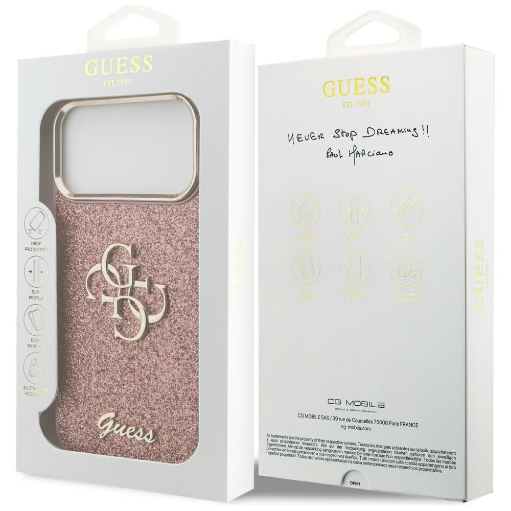 Futrola za Apple iPhone 17 Pro Max, Guess, Fixed Glitter Big 4G Metal Frame, Roze