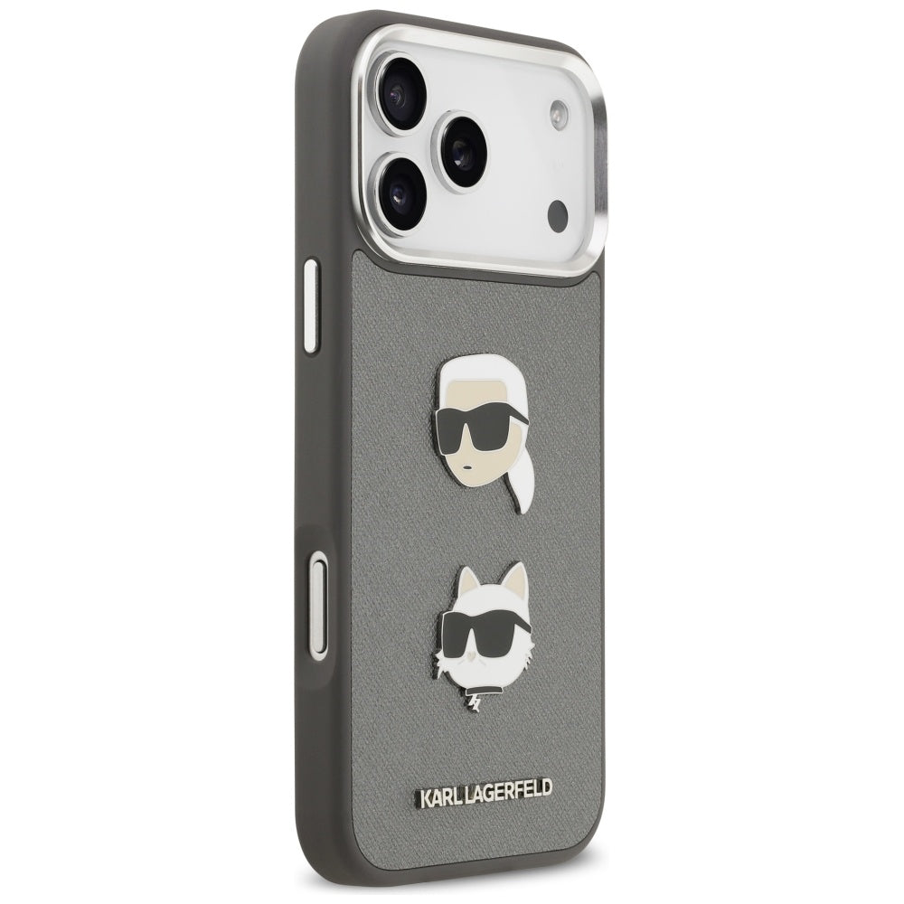 Futrola za Apple iPhone 17 Pro Max, Karl Lagerfeld, Grained Karl & Choupette's Heads Pins and Logo, Siva