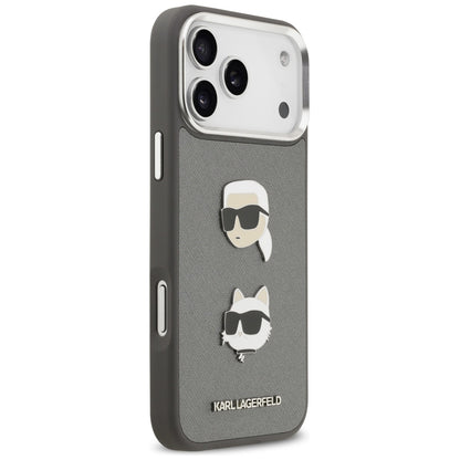 Futrola za Apple iPhone 17 Pro Max, Karl Lagerfeld, Grained Karl & Choupette's Heads Pins and Logo, Siva