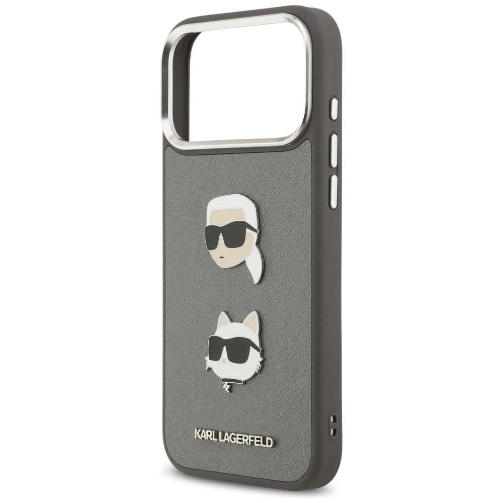 Futrola za Apple iPhone 17 Pro Max, Karl Lagerfeld, Grained Karl & Choupette's Heads Pins and Logo, Siva