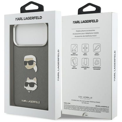 Futrola za Apple iPhone 17 Pro Max, Karl Lagerfeld, Grained Karl & Choupette's Heads Pins and Logo, Siva