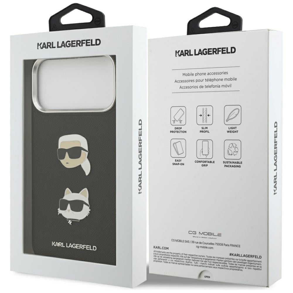 Futrola za Apple iPhone 17 Pro Max, Karl Lagerfeld, Grained Karl & Choupette's Heads Pins and Logo, Crna