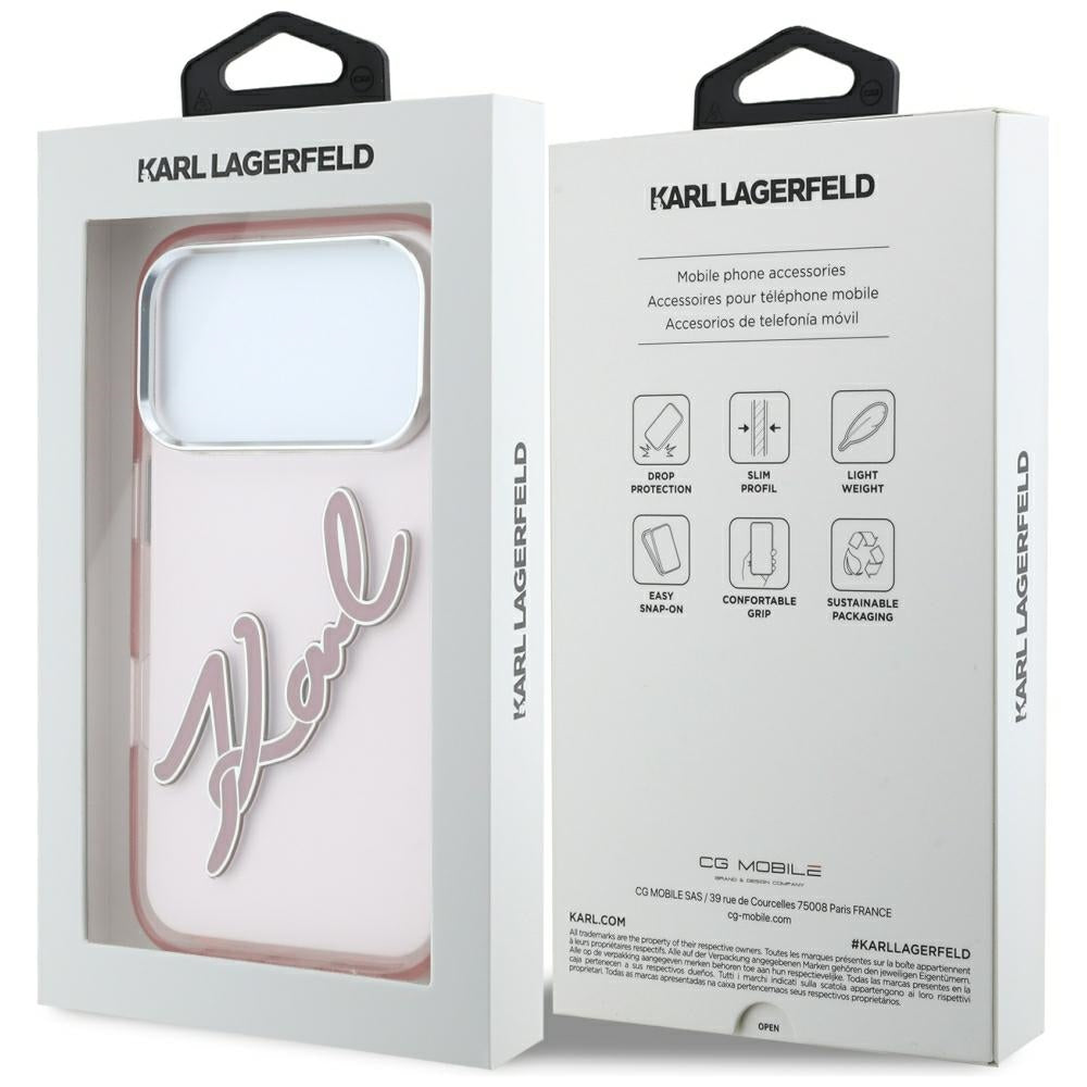 Futrola za Apple iPhone 18 Pro / 17 Pro, Karl Lagerfeld, IML Big Signature Resin Logo and Metal Frame, Roze