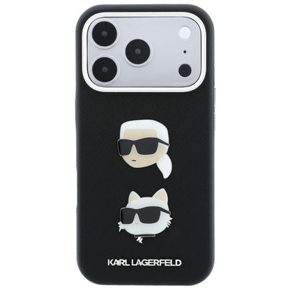Maska za Apple iPhone 18 Pro / 17 Pro, Karl Lagerfeld, Saffiano Crossbody Karl & Choupette Head's Pins Logo, crna