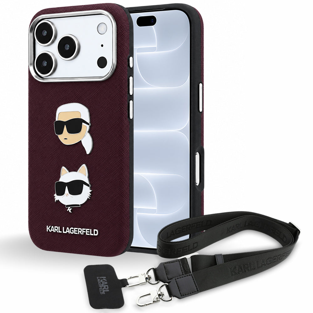 Maska za Apple iPhone 18 Pro / 17 Pro, Karl Lagerfeld, Saffiano Crossbody Karl & Choupette Head's Pins Logo, bordo