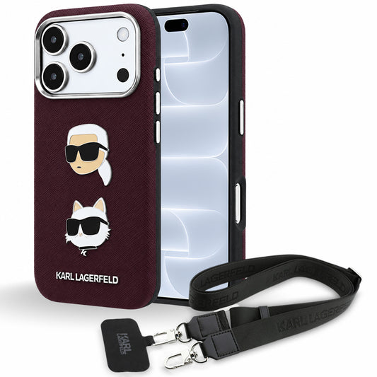Maska za Apple iPhone 18 Pro / 17 Pro, Karl Lagerfeld, Saffiano Crossbody Karl & Choupette Head's Pins Logo, bordo