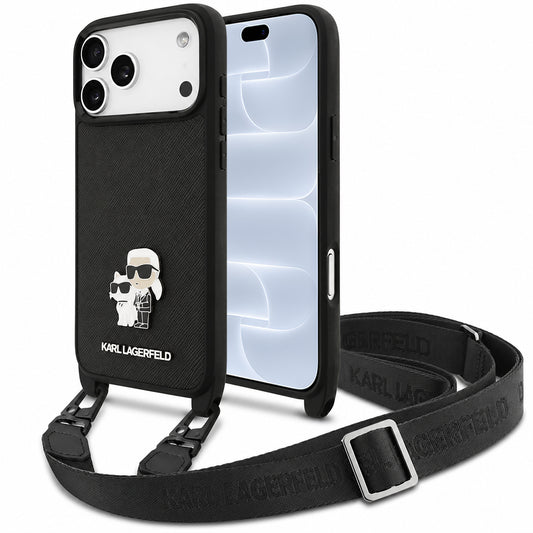 Maska za Apple iPhone 18 Pro / 17 Pro, Karl Lagerfeld, Saffiano Crossbody Metal Pin Karl & Choupette, crna