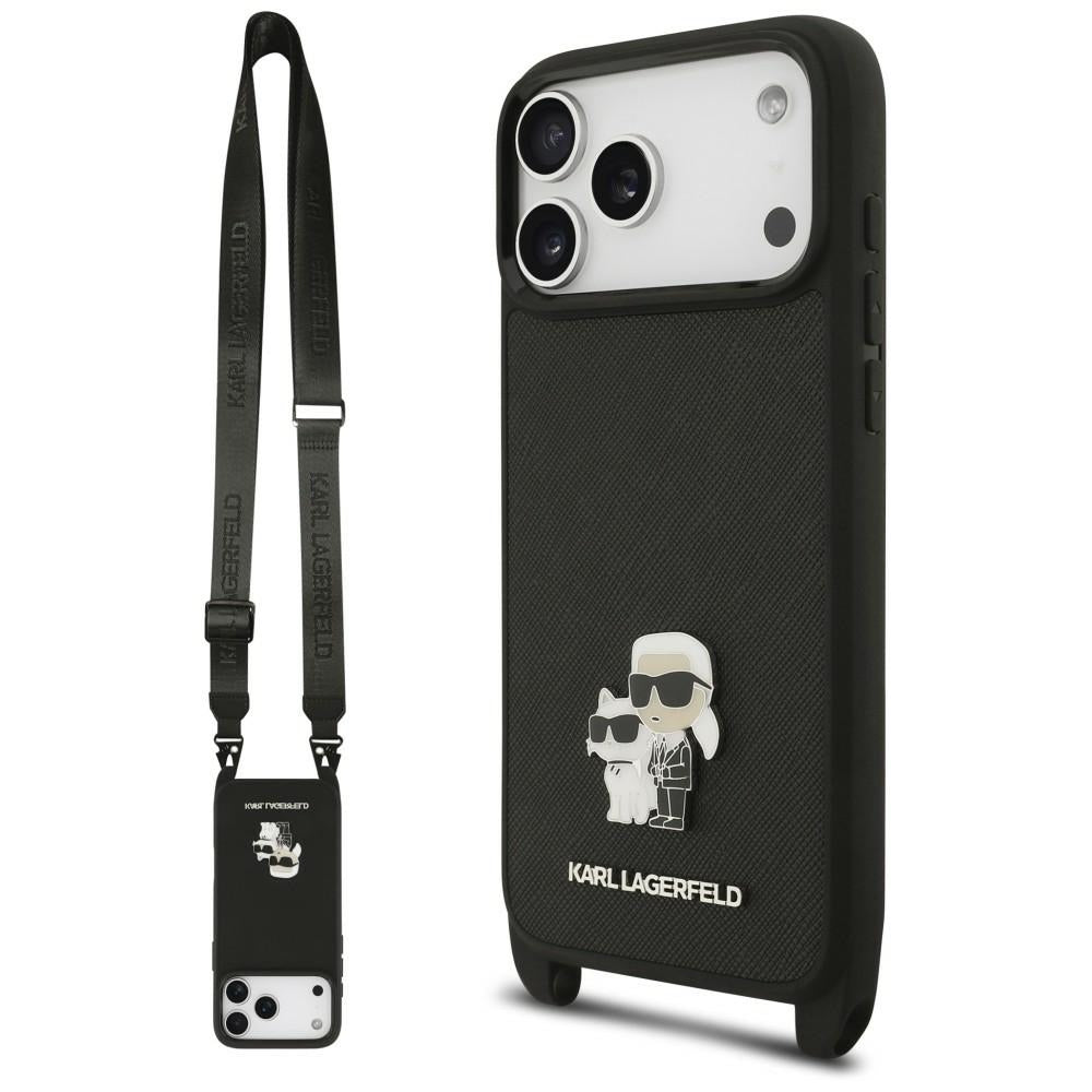 Maska za Apple iPhone 18 Pro / 17 Pro, Karl Lagerfeld, Saffiano Crossbody Metal Pin Karl & Choupette, crna