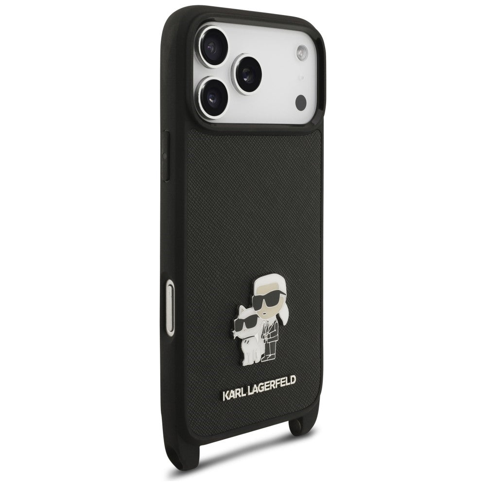 Maska za Apple iPhone 18 Pro / 17 Pro, Karl Lagerfeld, Saffiano Crossbody Metal Pin Karl & Choupette, crna
