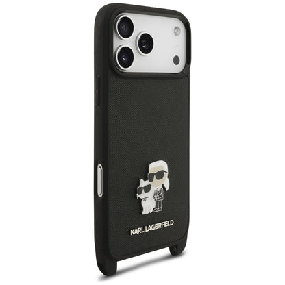 Maska za Apple iPhone 18 Pro / 17 Pro, Karl Lagerfeld, Saffiano Crossbody Metal Pin Karl & Choupette, crna