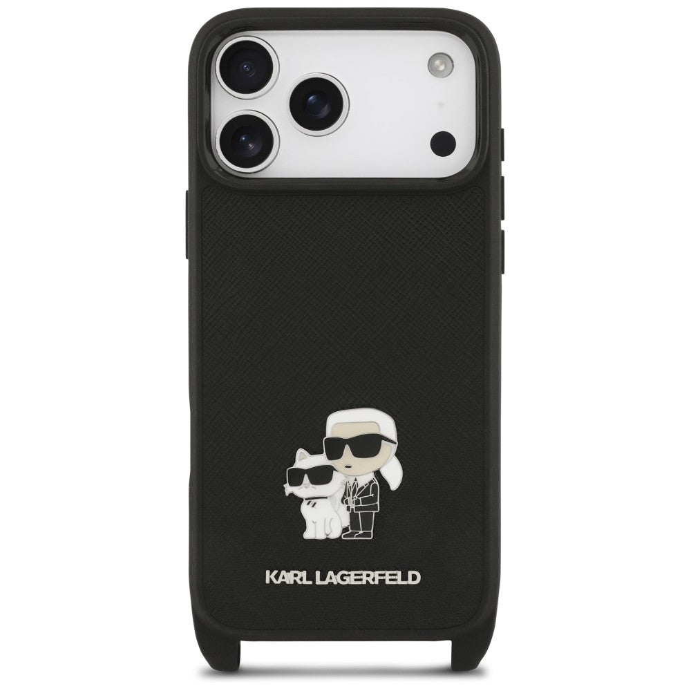 Maska za Apple iPhone 18 Pro / 17 Pro, Karl Lagerfeld, Saffiano Crossbody Metal Pin Karl & Choupette, crna