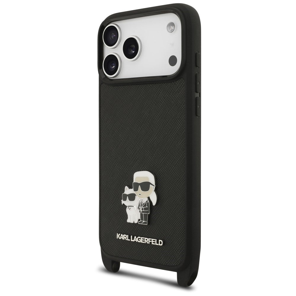 Maska za Apple iPhone 18 Pro / 17 Pro, Karl Lagerfeld, Saffiano Crossbody Metal Pin Karl & Choupette, crna