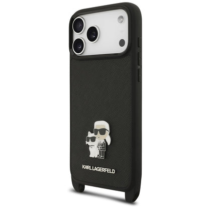 Maska za Apple iPhone 18 Pro / 17 Pro, Karl Lagerfeld, Saffiano Crossbody Metal Pin Karl & Choupette, crna