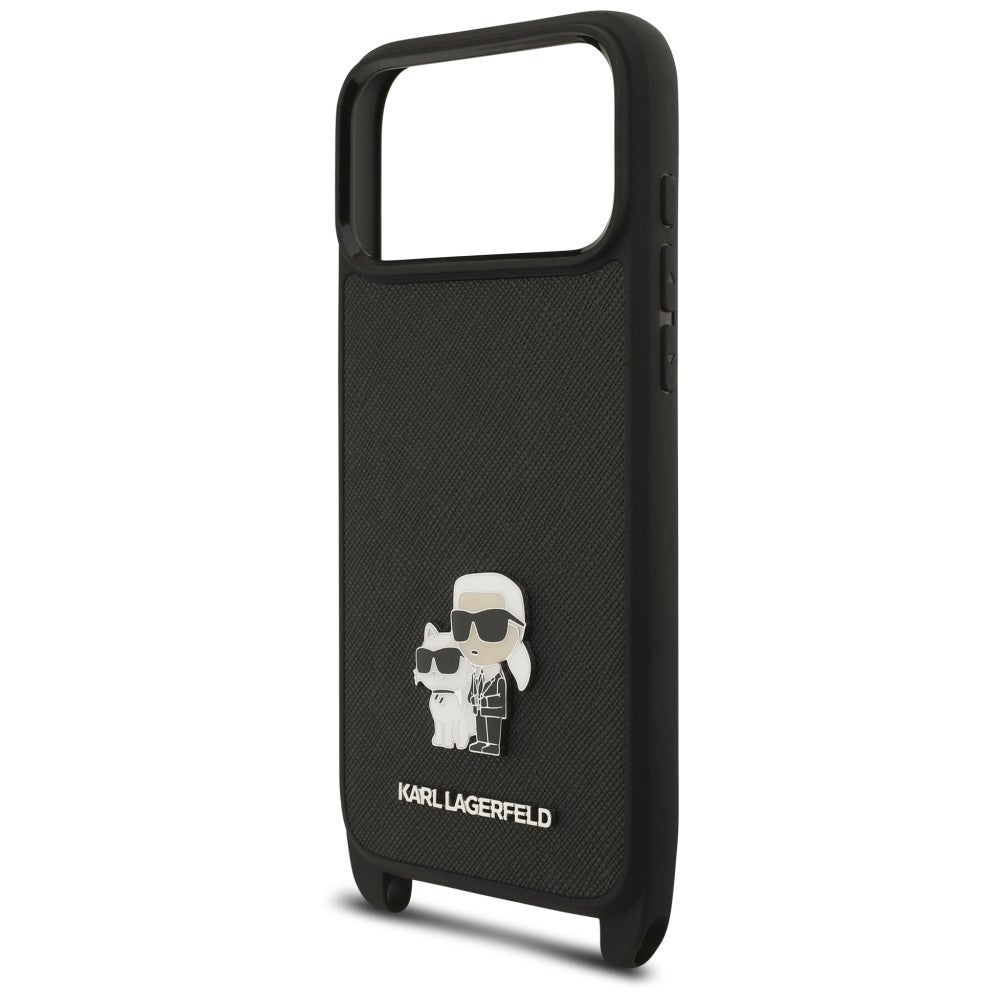 Maska za Apple iPhone 18 Pro / 17 Pro, Karl Lagerfeld, Saffiano Crossbody Metal Pin Karl & Choupette, crna