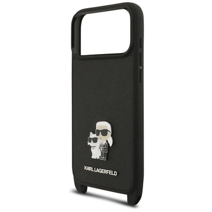 Maska za Apple iPhone 18 Pro / 17 Pro, Karl Lagerfeld, Saffiano Crossbody Metal Pin Karl & Choupette, crna