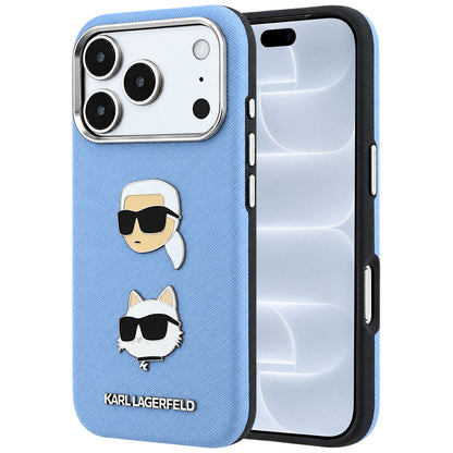 Futrola za Apple iPhone 18 Pro / 17 Pro, Karl Lagerfeld, Saffiano sa značkom Karl & Choupette Head's Pin i logotipom, plava