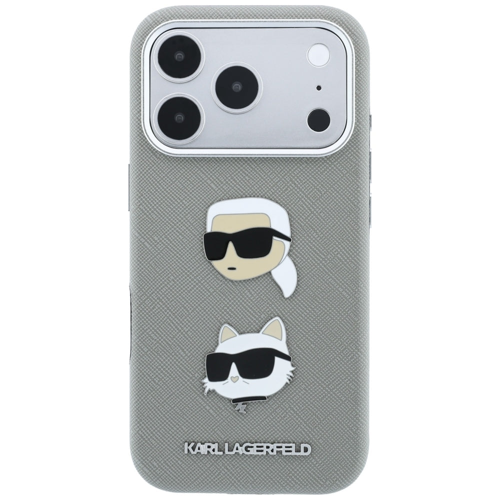 Maska za Apple iPhone 18 Pro / 17 Pro, Karl Lagerfeld, Saffiano sa iglom sa likom Karla i Choupette i logotipom, siva