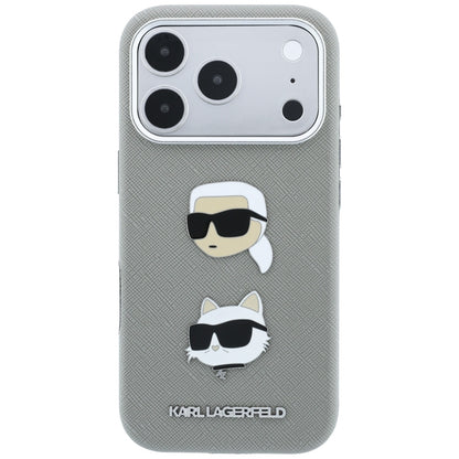 Maska za Apple iPhone 18 Pro / 17 Pro, Karl Lagerfeld, Saffiano sa iglom sa likom Karla i Choupette i logotipom, siva