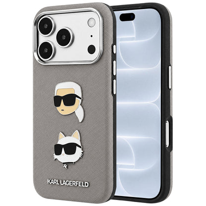 Maska za Apple iPhone 18 Pro / 17 Pro, Karl Lagerfeld, Saffiano sa iglom sa likom Karla i Choupette i logotipom, siva