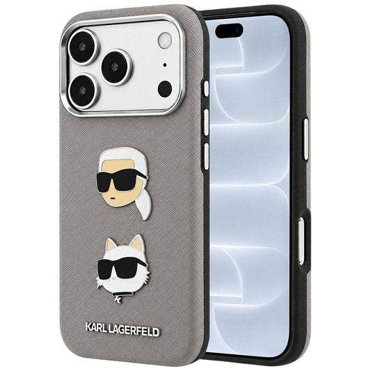 Maska za Apple iPhone 18 Pro / 17 Pro, Karl Lagerfeld, Saffiano sa iglom sa likom Karla i Choupette i logotipom, siva