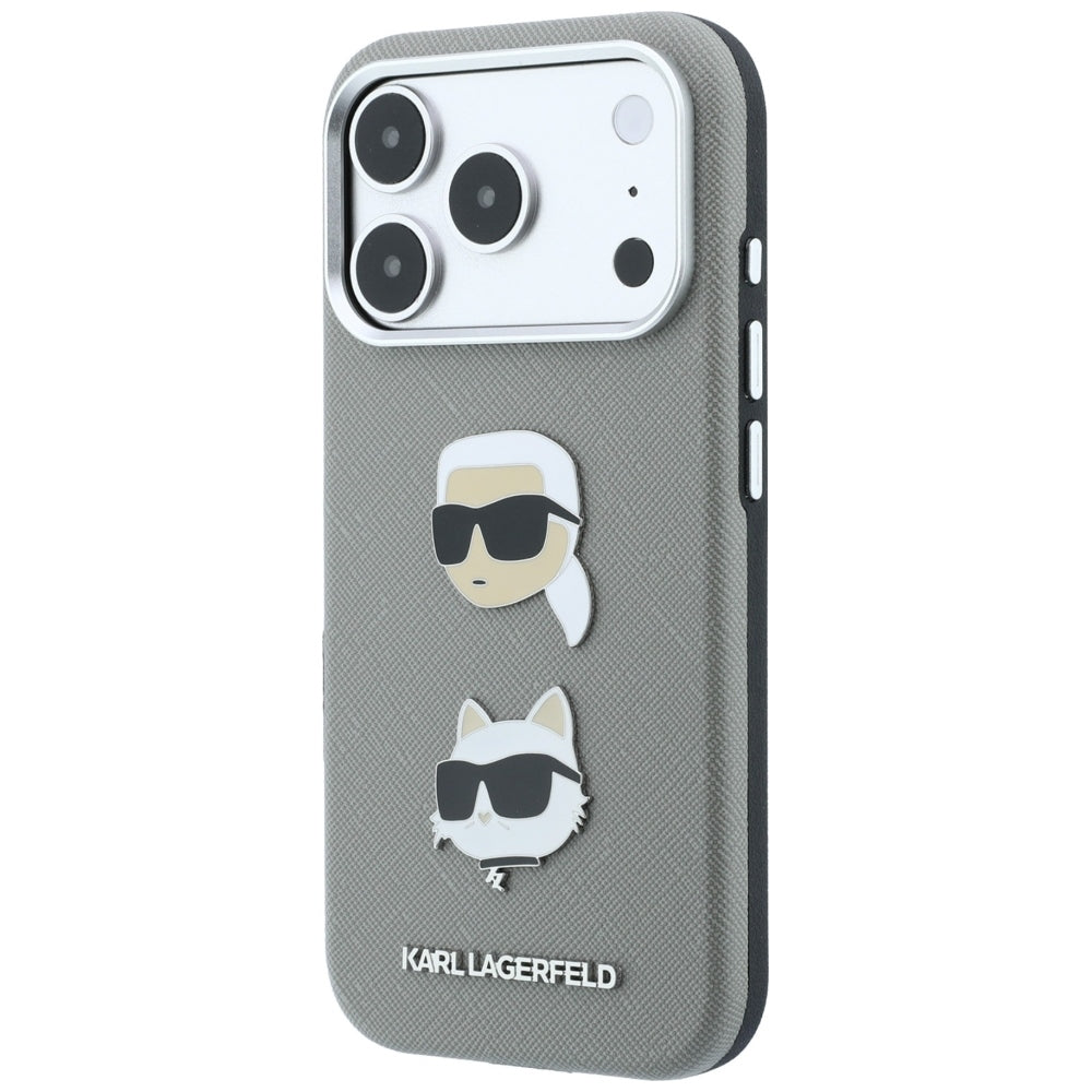 Maska za Apple iPhone 18 Pro / 17 Pro, Karl Lagerfeld, Saffiano sa iglom sa likom Karla i Choupette i logotipom, siva