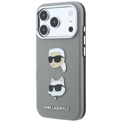 Maska za Apple iPhone 18 Pro / 17 Pro, Karl Lagerfeld, Saffiano sa iglom sa likom Karla i Choupette i logotipom, siva